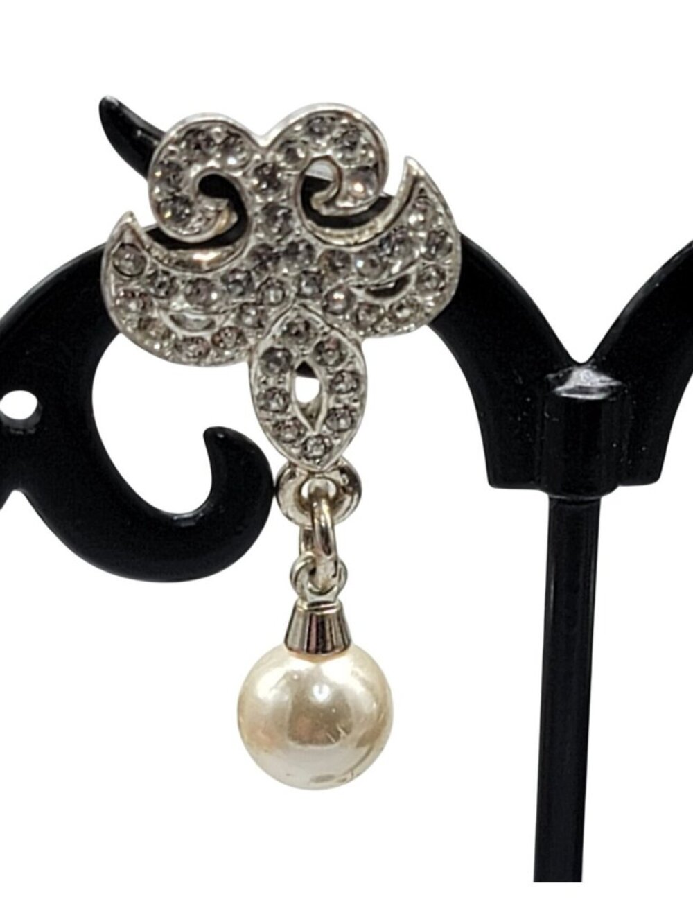 Vintage Napier Fleur-de-lis Rhinestone Pave Post Earrings Dangling Faux Pearl - Picture 3 of 12